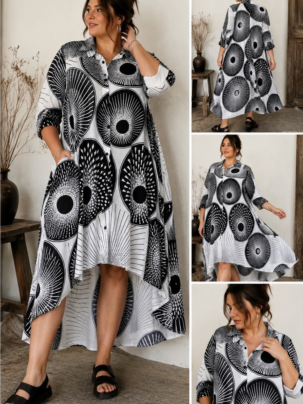 🖤Step In Style | 100% COTTON | 3X | Black White Cotton Art Shirt Dress Lagenlook